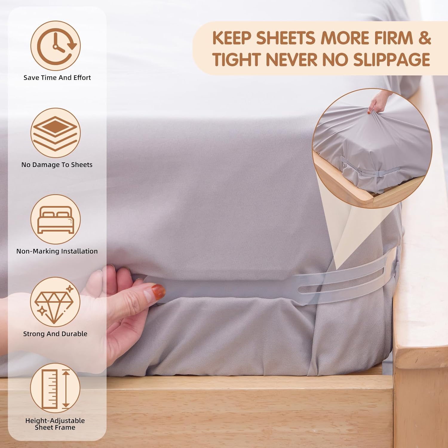 4 Pieces Fitted Sheet Holders, Sheet Holder with Locking Strips, Adjustable for Five Heights, Adjustable Tensioner for Mattresses of 8-30 cm Thick (White)