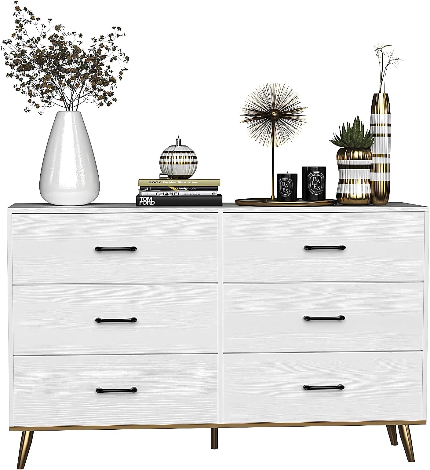 White Dresser with 6 Drawers, Storage Dresser for Bedroom, Modern Chest of Drawers for Closet, Living Room, Nursery, Fabric Drawer Chest of Drawers Dresser for Bedroom 133 x 40 x 84cm