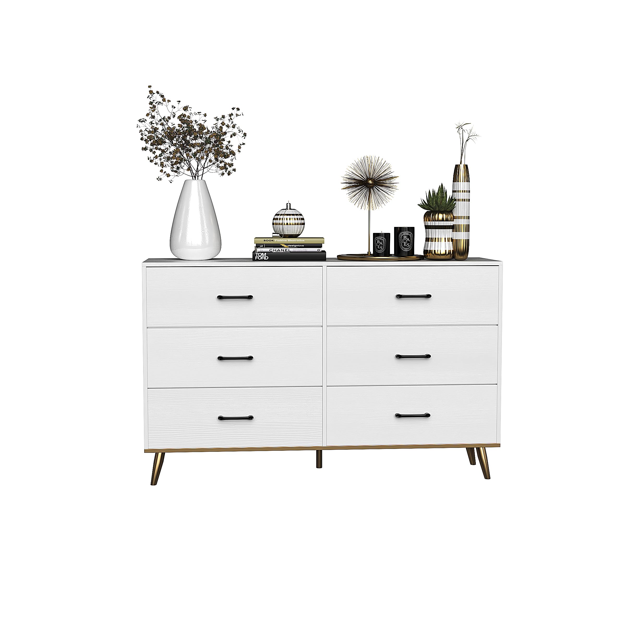 White Dresser with 6 Drawers, Storage Dresser for Bedroom, Modern Chest of Drawers for Closet, Living Room, Nursery, Fabric Drawer Chest of Drawers Dresser for Bedroom 133 x 40 x 84cm