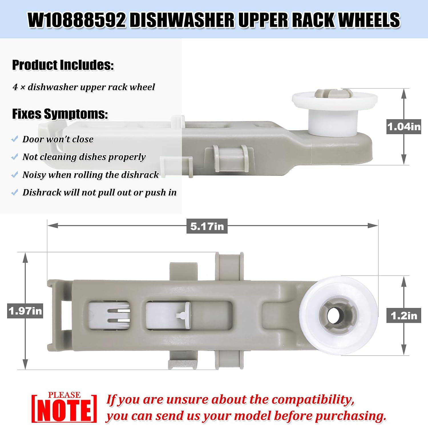 W10888592 Dishwasher Rack Wheels, Dishwasher Upper Dishrack Roller Replacement Parts PS11769236 8575281 WP8575281 (4Pcs)