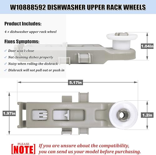Miniatura 2 de W10888592 Ruedas de rejilla para lavavajillas, piezas de repuesto de rodillo superior para lavavajillas PS11769236 8575281 WP8575281 (4 piezas)
