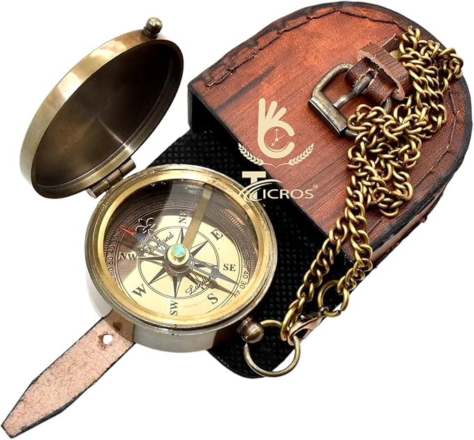Brújula de bolsillo vintage de latón con estuche de cuero miniatura 3