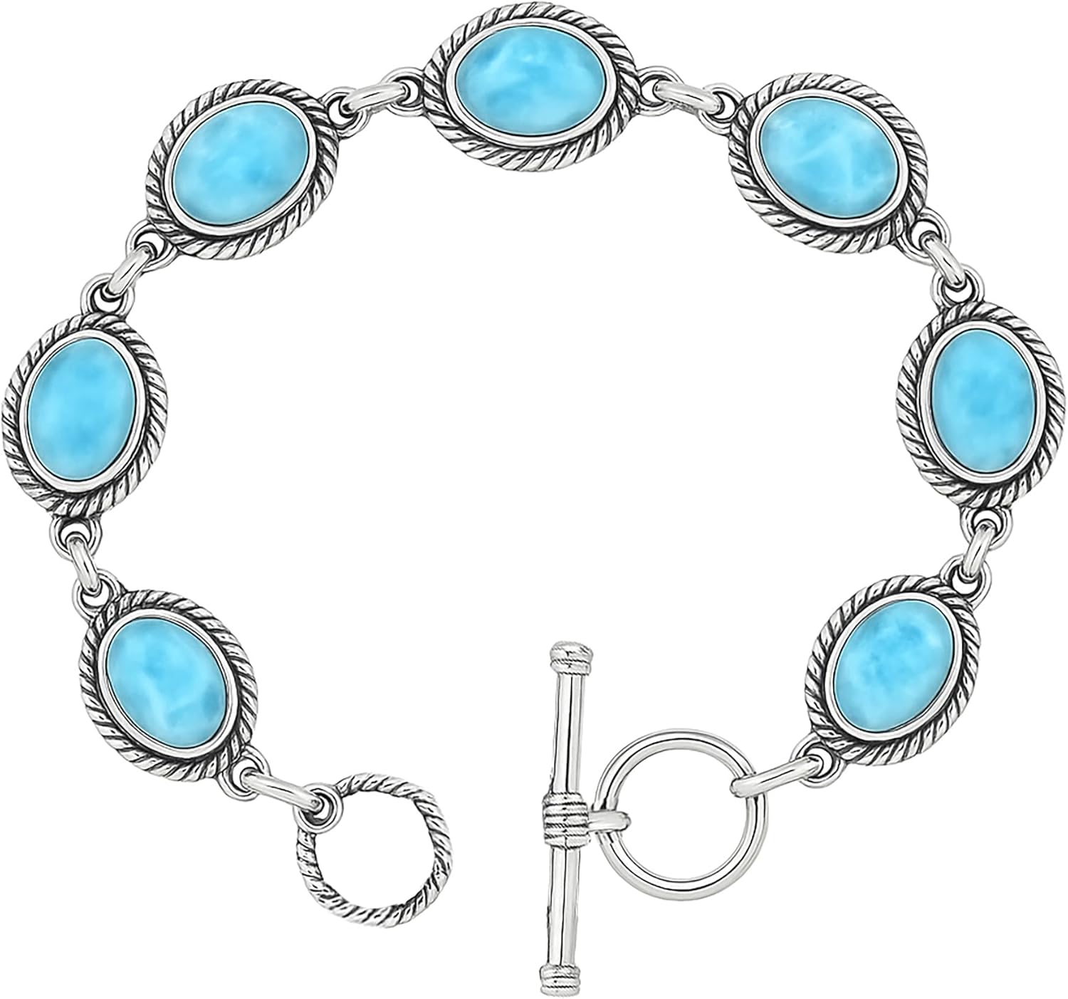 925 Sterling Silver Larimar Bracelet for Women – Handmade Oval Blue Larimar Gemstone Link Bracelet – Toggle Clasp Boho Jewelry – Ocean-Inspired Birthstone Gift