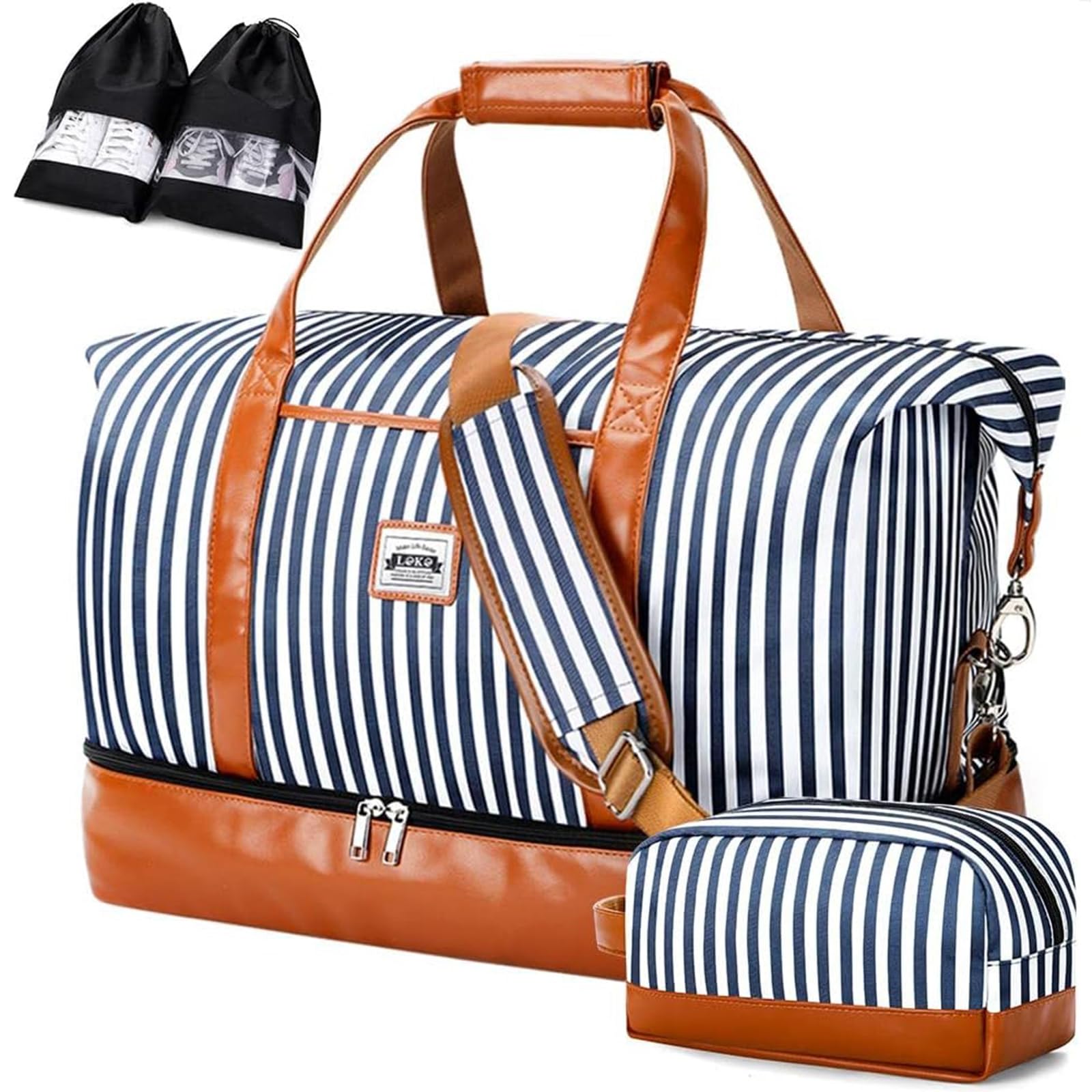 Reisetasche Damen 50L Gestreift Handgepäck Weekender | 50L Fassungsvermögen | inkl. Kulturbeutel + 2 Schuhsäcke | gestreiftes Design | geeignet als Klinik-, Sport- oder Flugtasche