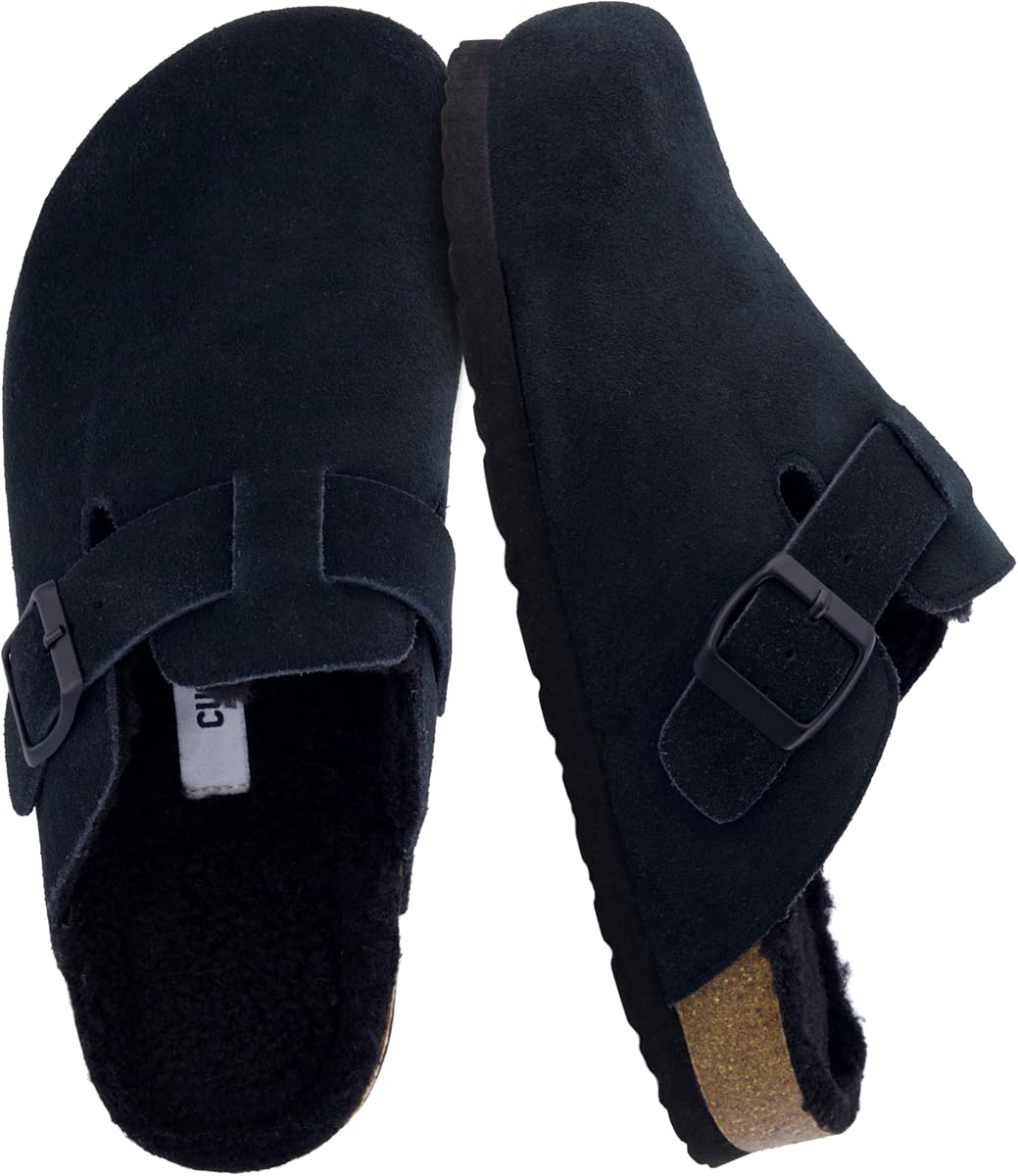 CUSHIONAIRE Zueco con plantilla de corcho Hana para mujer con parte superior de cuero genuino, forro de piel sintética y + comodidad
