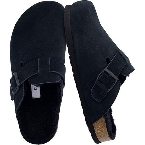 CUSHIONAIRE Women's Hana Cork footbed clog with Genuine Leather upper, Faux Fur lining, and +Comfort