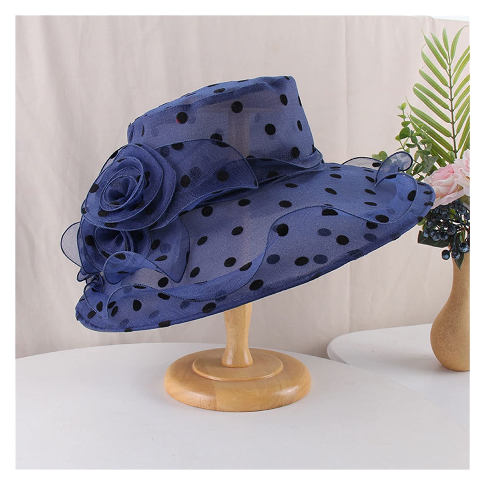 Cappello da Donna Cappello Estivo Femminile Grande Lungo in Filato Cappello da Sole in Organza Floreale a Pois Cappello da Sole con Bordo Arrotolato