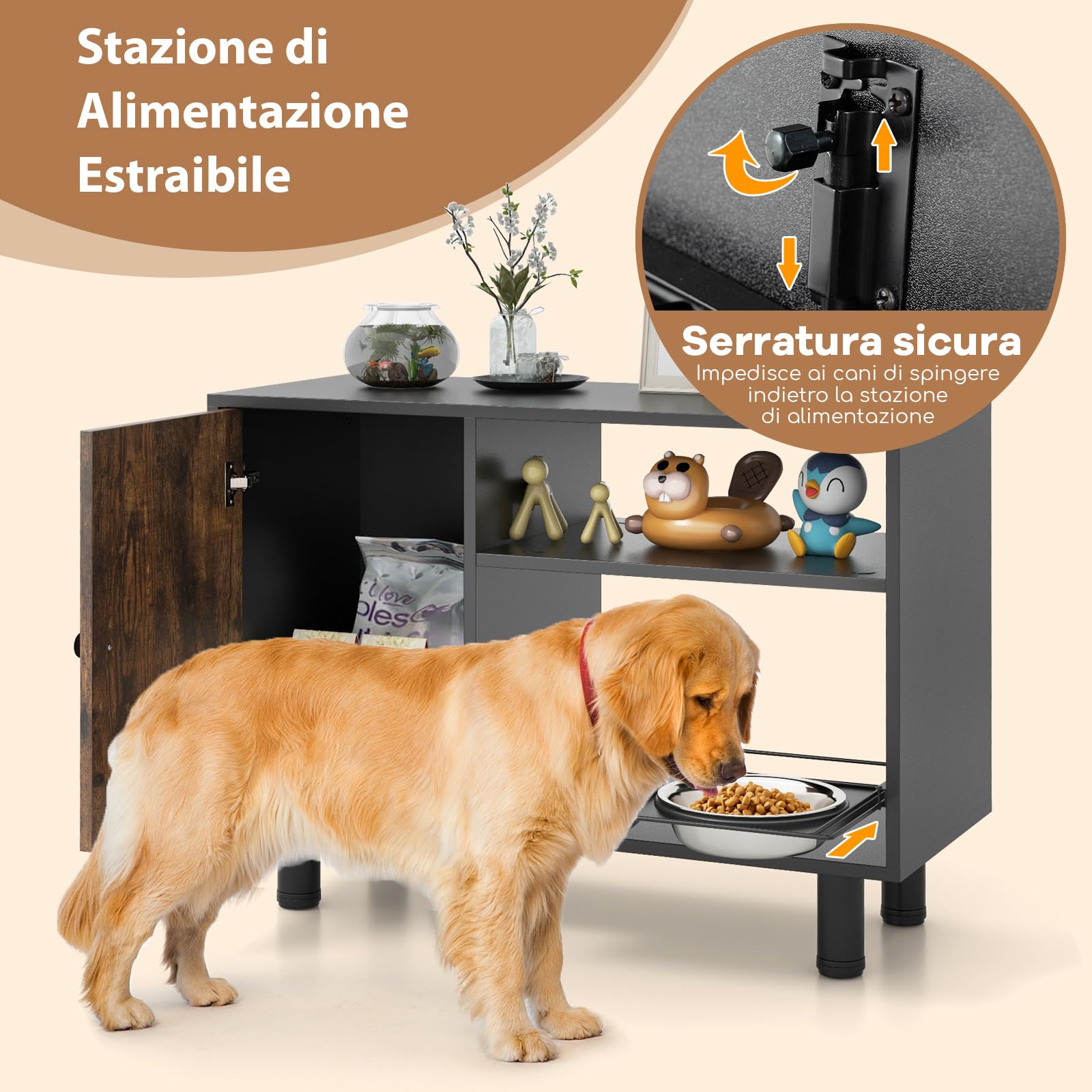 GYMAX Stazione di Alimentazione per Cani, Armadietto per Cibo per Cani, 2 Ciotole Rialzate in Acciaio Inox, 2 Ripiani Aperti, Mobile per Alimenti per Animali Elevato, 82 x 35 x 60 cm