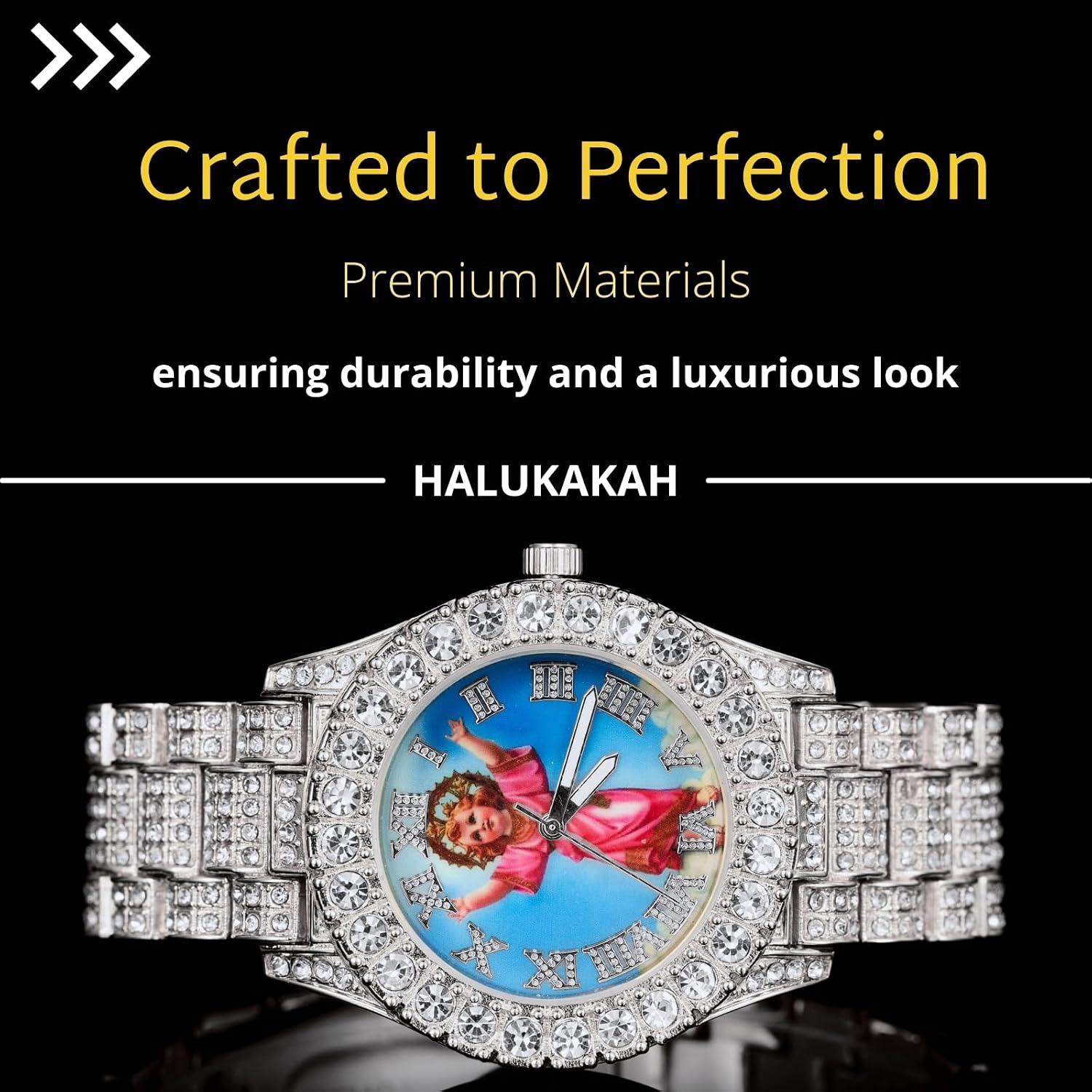 Halukakah Moissanite Diamond Watch for Boy Teens - BLESS - 18k Real Gold/Platinum White Gold Plated,Roman Numerals Round Dial Colorful Angel,3-Sides Iced Out,Heavy-Made,8" Wristband - Giftbox Included