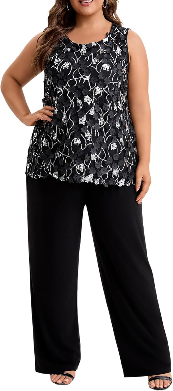 Plus Size Mother of the Bride 3 Piece Pantsuit Set with Embroidered Sequin Applique Vestfor Wedding Guest Outfit - Image 6