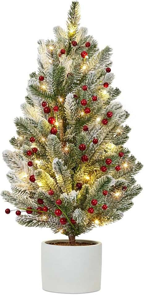24 Inch Pre-lit Table Top Christmas Tree with Lights, Artificial Small Green Christmas Tree with Cement Basin Base, Miniature Pine Christmas Trees for Table Office Dorm Desk Decorations