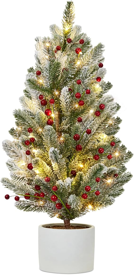 24 Inch Pre-lit Table Top Christmas Tree with Lights, Artificial Small Green Christmas Tree with Cement Basin Base, Miniature Pine Christmas Trees for Table Office Dorm Desk Decorations