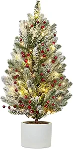 24 Inch Pre-lit Table Top Christmas Tree with Lights, Artificial Small Green Christmas Tree with Cement Basin Base, Miniature Pine Christmas Trees for Table Office Dorm Desk Decorations