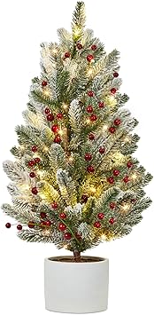 24 Inch Pre-lit Table Top Christmas Tree with Lights, Artificial Small Green Christmas Tree with Cement Basin Base, Miniature Pine Christmas Trees for Table Office Dorm Desk Decorations