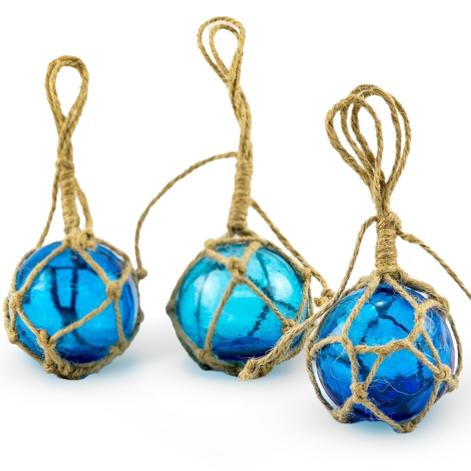 Nautical Crush Trading Japanese Glass Fishing Floats - 3" Aqua (3 Pack) - Glass Buoys with Rope - Nautical Home Decor - Wedding, Christmas