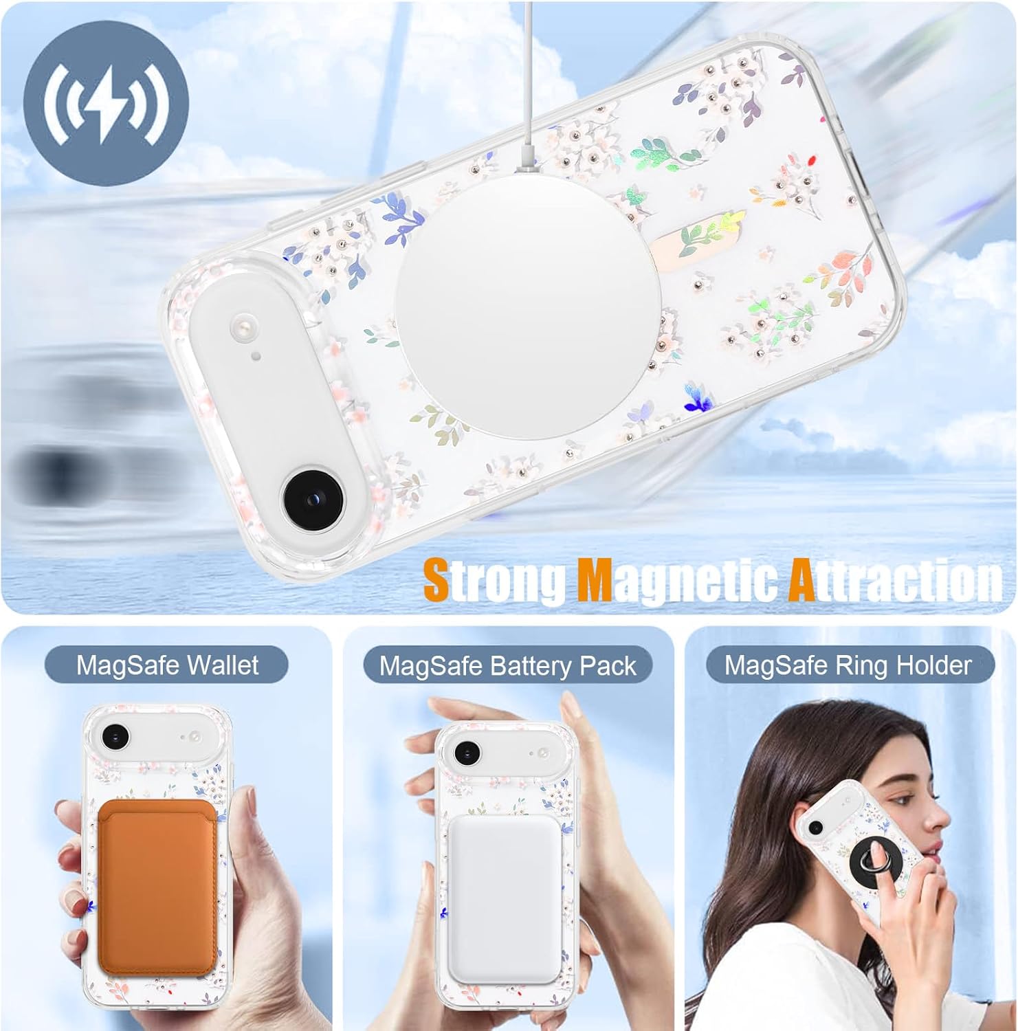 Magnetic for iPhone Air Case Floral, Cute Luxury Clear Flower Cover for Women Girls Elegant Aesthetic Soft [Compatible with Magsafe] Protective Phone Case for iPhone Air, Geranium - Image 4