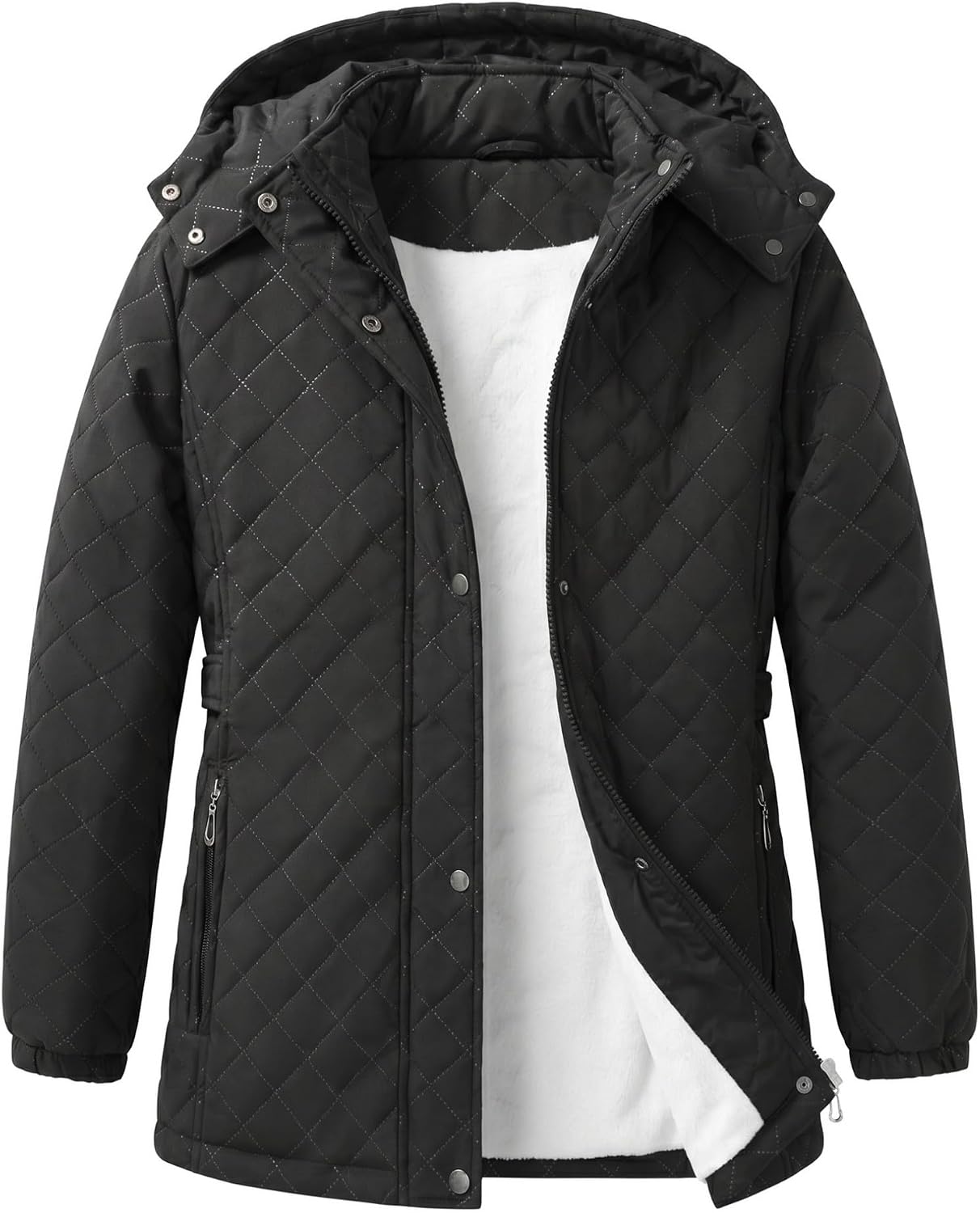 JiangWu Women's Long Fleece Lined Winter Coat -Stylish Diamond Quilted Warm Jacket with Removable Hood