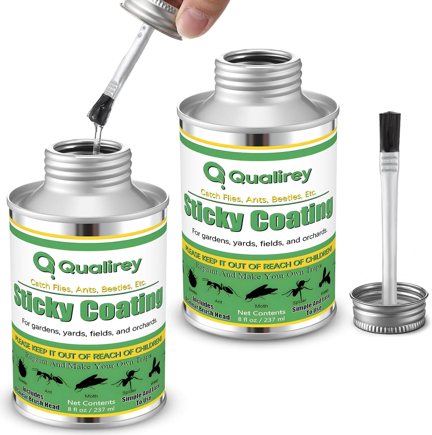 Qualirey 2 Pack Tangle Trap Sticky Coating with Brush, Insect Barrier Outdoor DIY Adhesive Traps Coating Lanternfly, Deerflies,for Gardens, Orchards and Around The Home to Protect Trees Plants (8 oz)