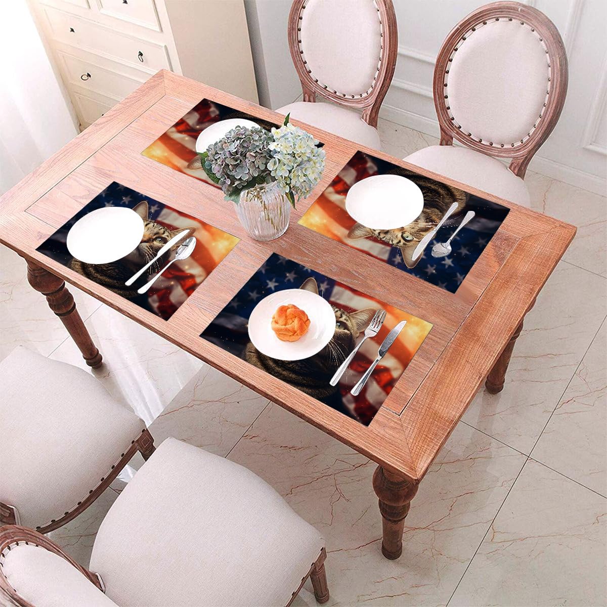 Set di 6 tovagliette con gatto bandiera americana del 4 luglio, lavabili e resistenti al calore, in vinile PVC, per cucina, sala da pranzo, decorazione da tavolo