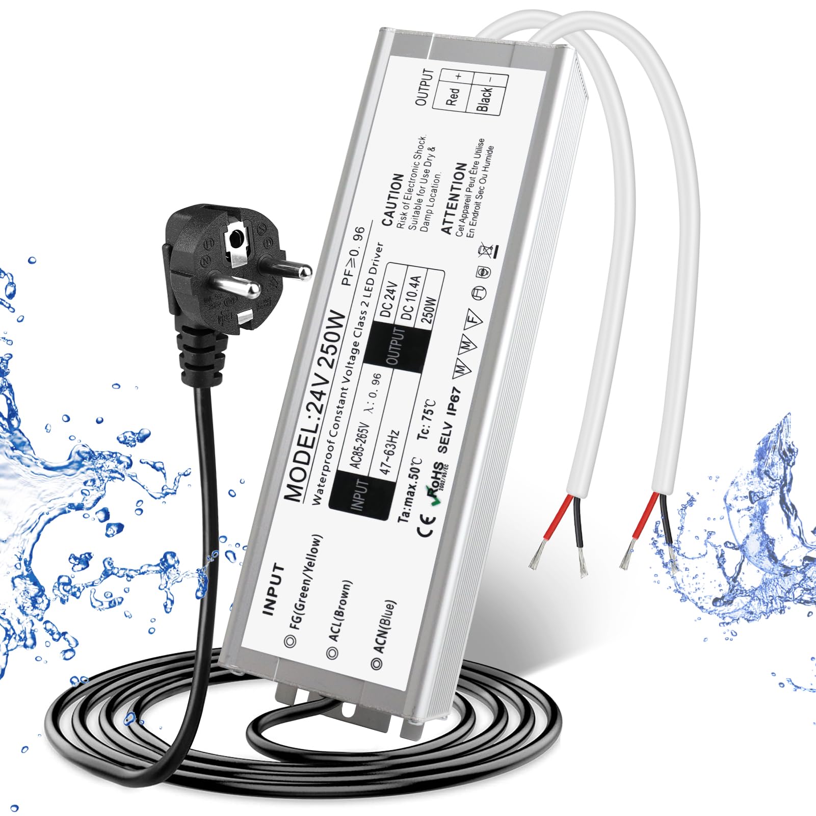 Trasformatore a LED, 24 V, 250 W, IP67, per esterni, impermeabile, con spina