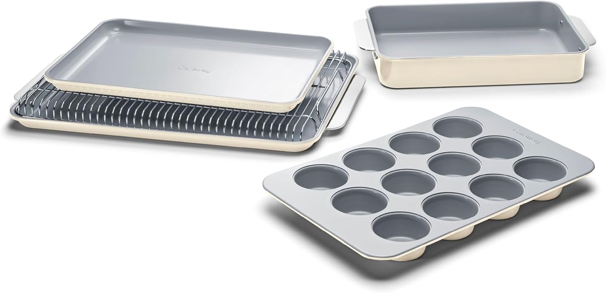 5-Piece Non-Stick Ceramic Bakeware Set | Baking Sheets, Assorted Baking Pans and Storage, Aluminized Steel Body, Non-Toxic, PTFE and PFOA Free, Cream
