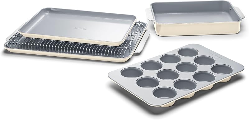 Juego de 5 piezas de cerámica antiadherente para hornear | Hojas para hornear, surtido de bandejas para hornear y almacenamiento, cuerpo de acero aluminizado, no tóxico, libre de PTFE y PFOA, crema