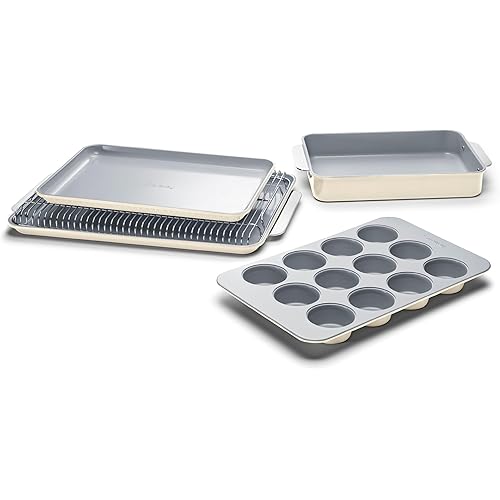 Caraway Nonstick Ceramic Bakeware Set (5 Pieces) - Baking Sheets, Assorted Baking Pans & Storage - Aluminized Steel Body - Non Toxic, PTFE & PFOA Free - Cream