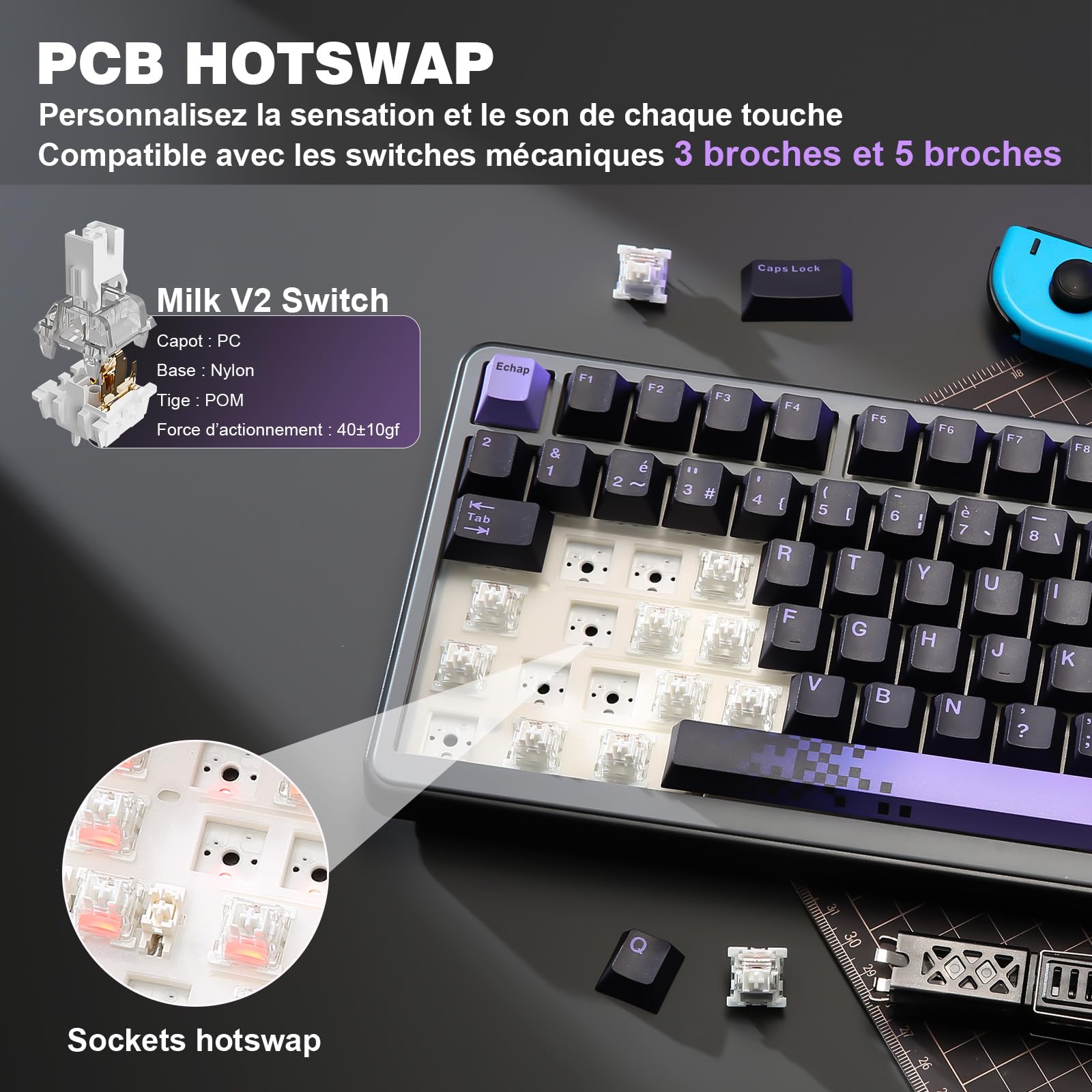 YUNZII B75 Pro FR AZERTY Clavier Gamer sans Fil (Noir, Milk V2 Switch) | Français Disposition 75% , Bluetooth 5.0 / 2,4 / USB-C Filaire, RGB, Hotswap, Structure Gasket, Touches PBT
