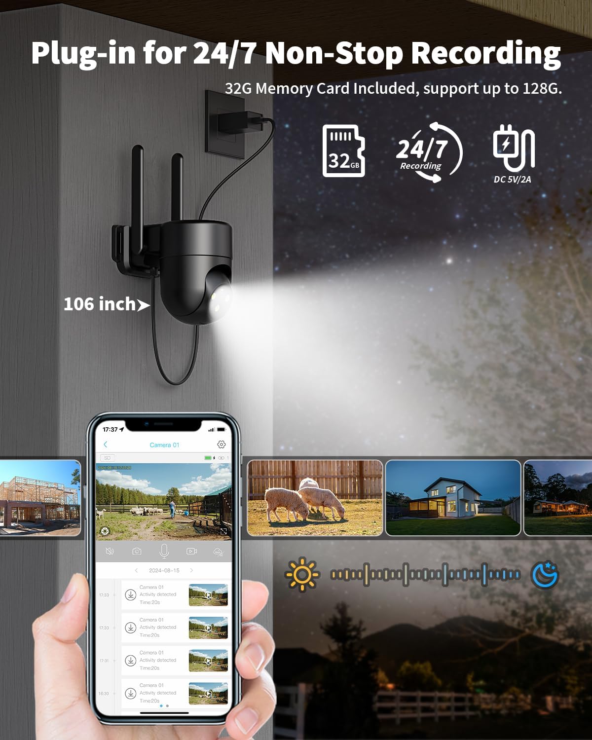 Image showing the camera plugged in for 24/7 recording, with a phone displaying continuous video playback
