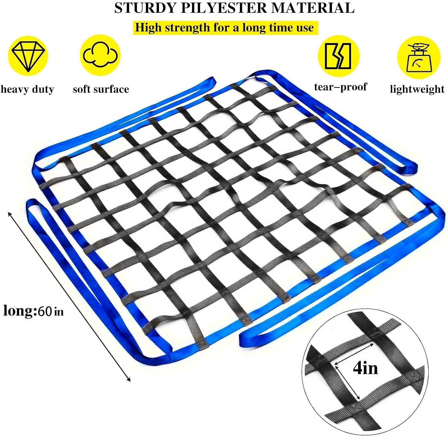 Safety Cargo Lifting Net Straps, Flat Nylon Sling Hoisting Net, Loading Heavy Objects 10cm Square Mesh Tear Resistance for Construction Rigging Moving Towing Work Gear Black (4.92' x 4.92')