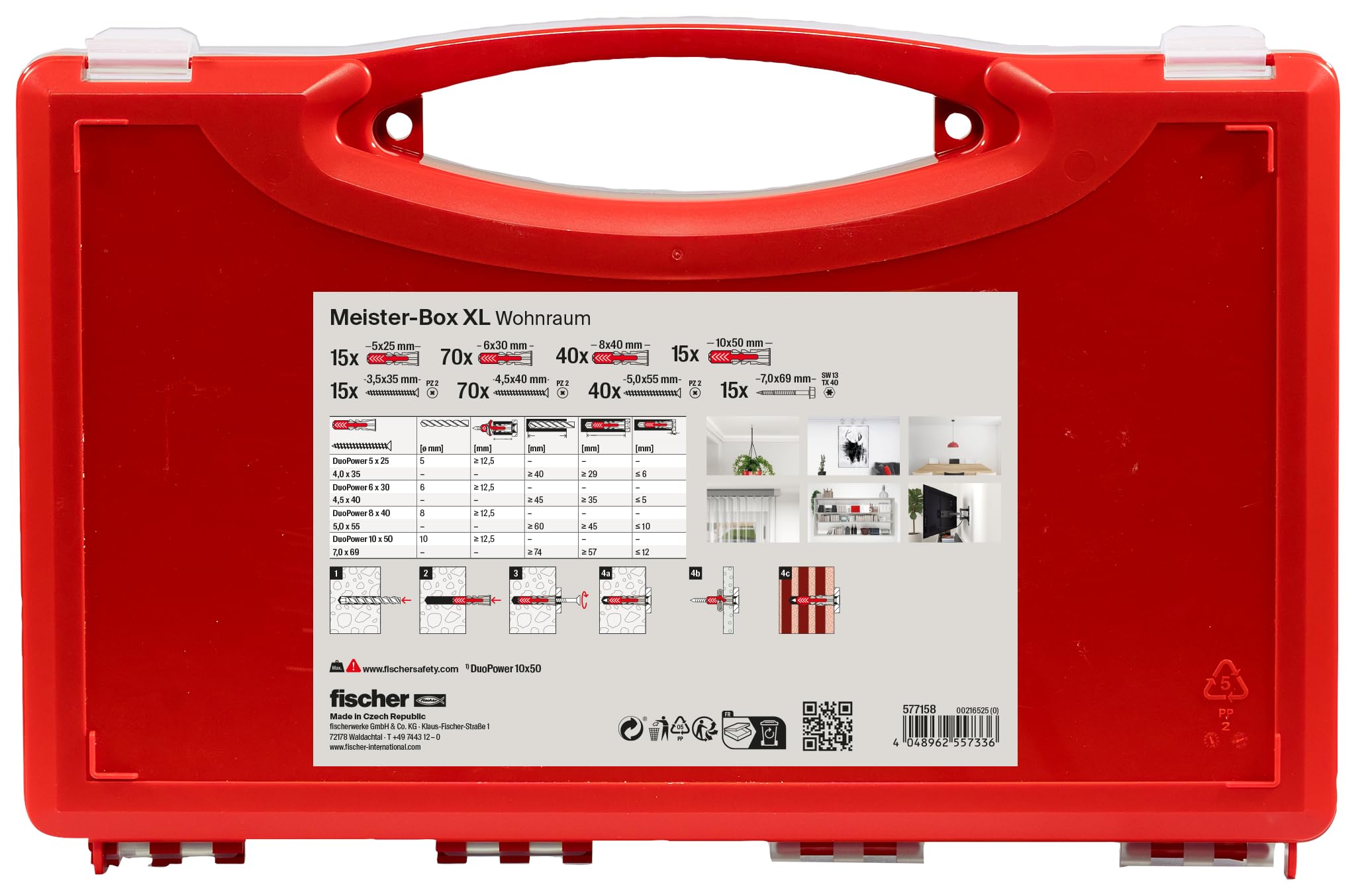 fischer Meister-Box XL Wohnraum, 210-teiliges Dübel- und Schraubenset, 5-10 mm Durchmesser, für Heimwerker und Profis, universeller Einsatz für unbekannte Untergründe im Innenbereich
