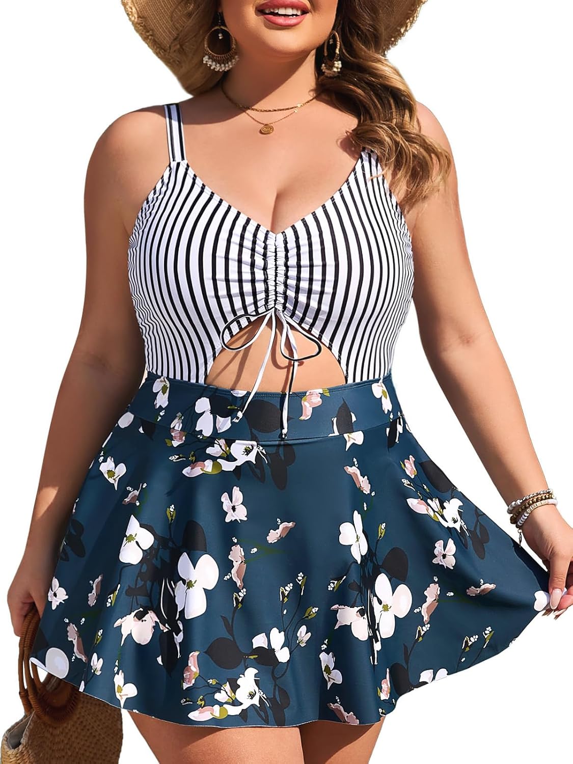 Summer Mae Women's Plus Size One Piece Swim Dress Floral Cutout Swimsuits V-Neck Bathing Suit with Skirt