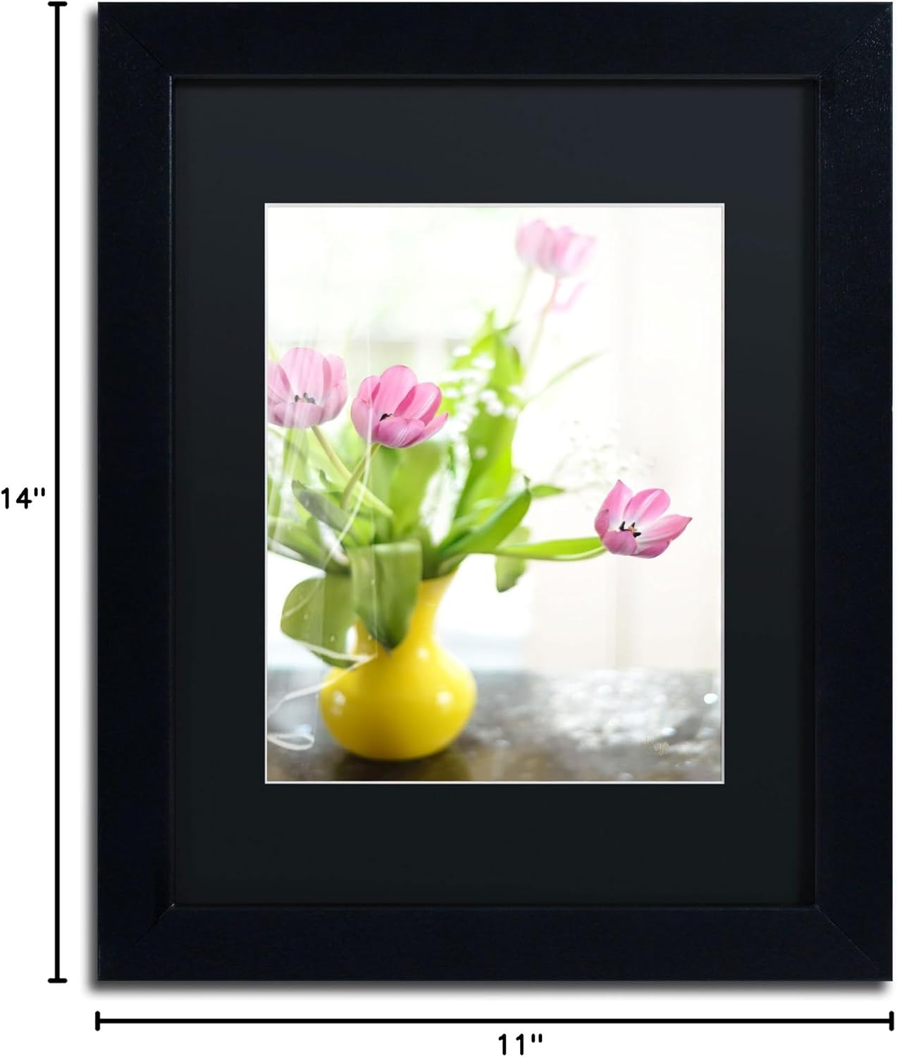 Trademark Fine Art Pink Tulips in Yellow Vase Framed Artwork by Lois Bryan, 11 by 14-Inch, Black Matte with Black Frame