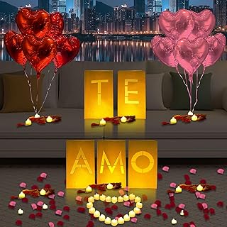 Te Amo Lighted Letters Sign 17pcs Luminary Paper Bags 2200pcs Red Pink Artificial Rose Petals 48pcs Flameless LED Candle Tealight 15pcs Heart Balloons Romantic Night Valentine's Day