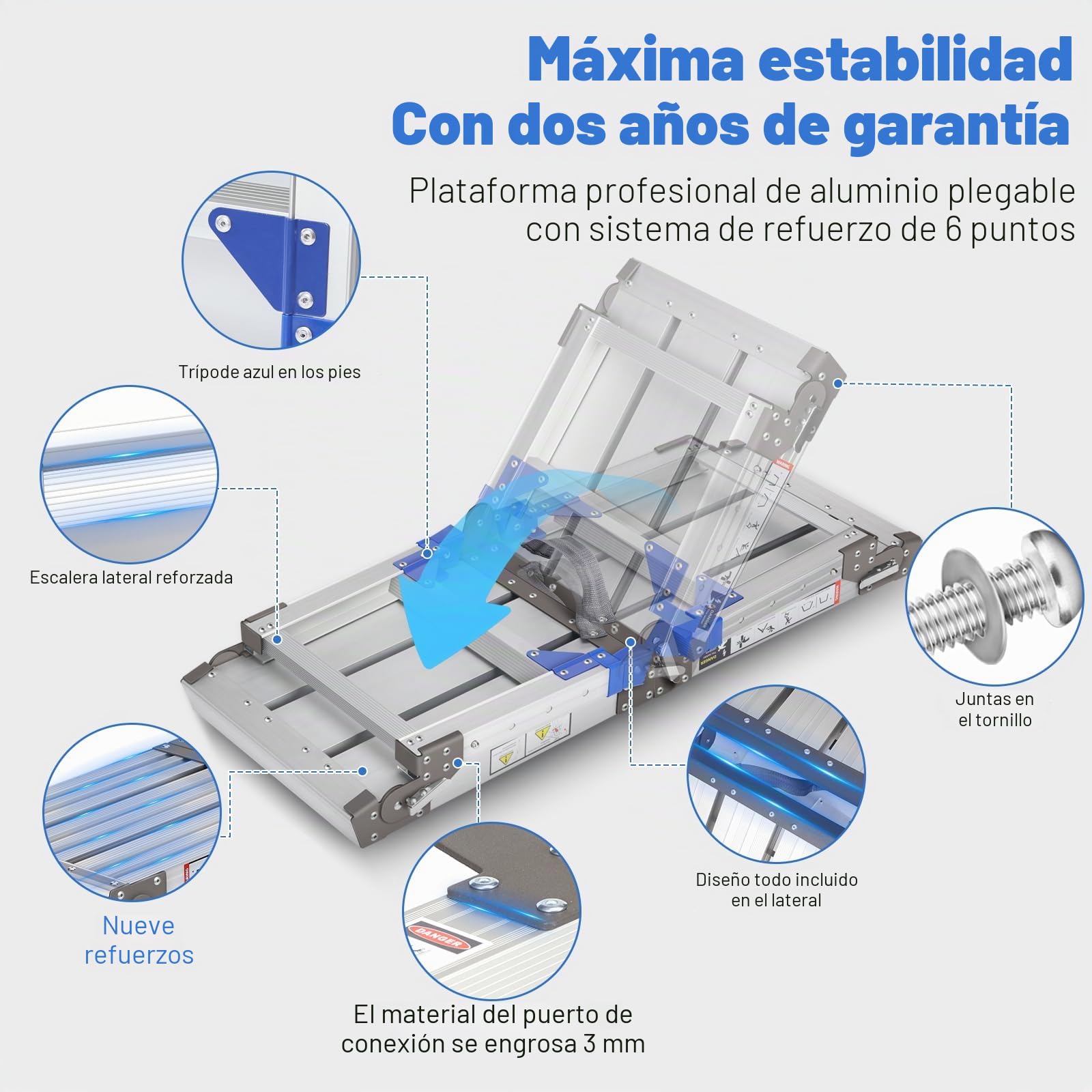 Plataforma de trabajo de aluminio mejorado para escaleras para trabajo y acceso hasta 362 kg, plataforma de trabajo, escalera ajustable de aluminio con cerraduras de seguridad, cojinete