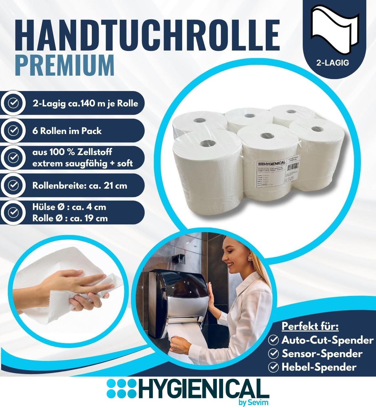 6 Premium Handtuchrollen 2-lagig – 100 % Zellstoff, 21 cm breit – Für Spender mit Außenabwicklung | Weiche & saugstarke Papierhandtücher für Gastronomie, Büro & Werkstatt