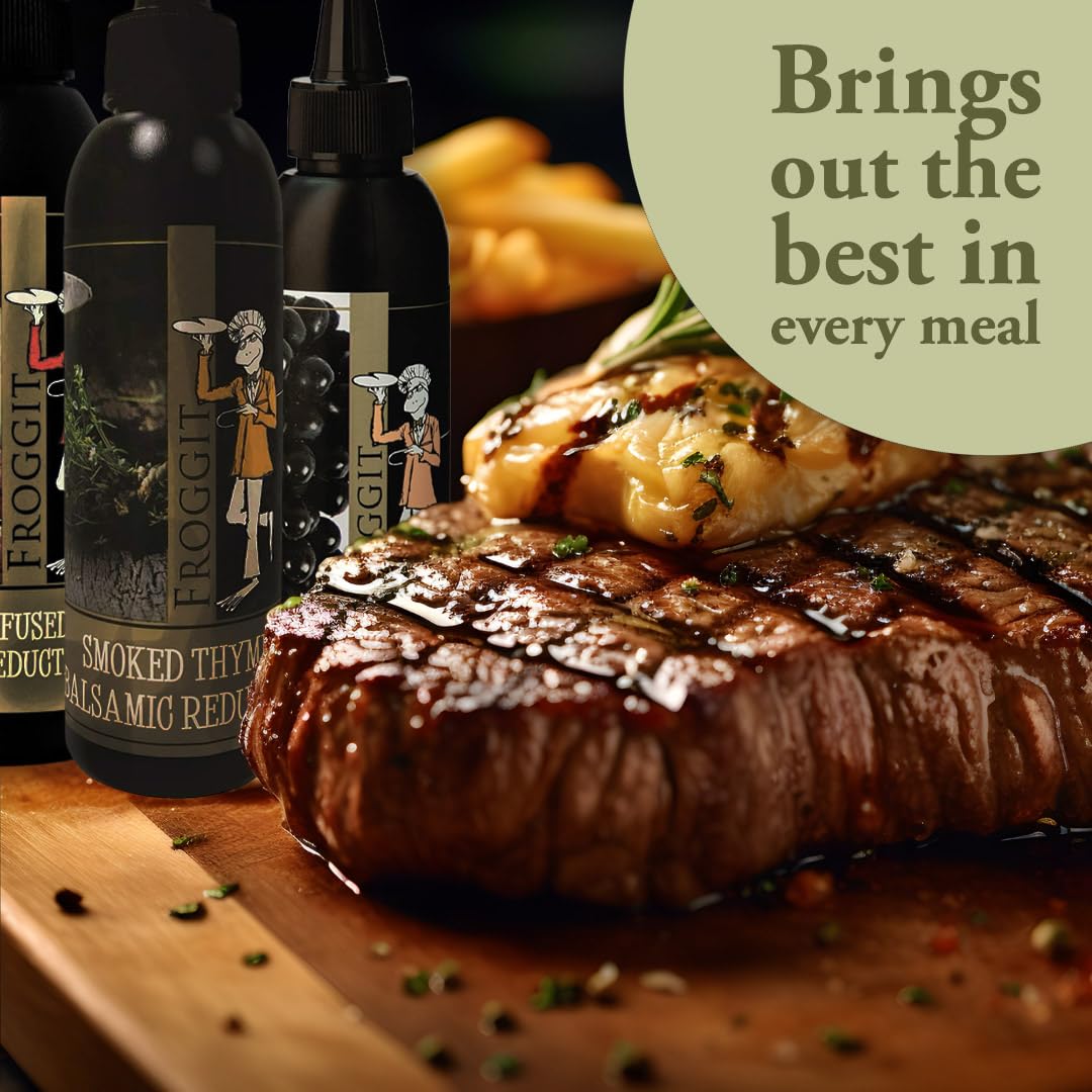 Froggit 3-Piece Garlic Infused Red Wine Vinegar, Burgundy Bliss Balsamic Reduction, Smoked Thyme Balsamic Vinegar Reduction, 150ml Non GMO