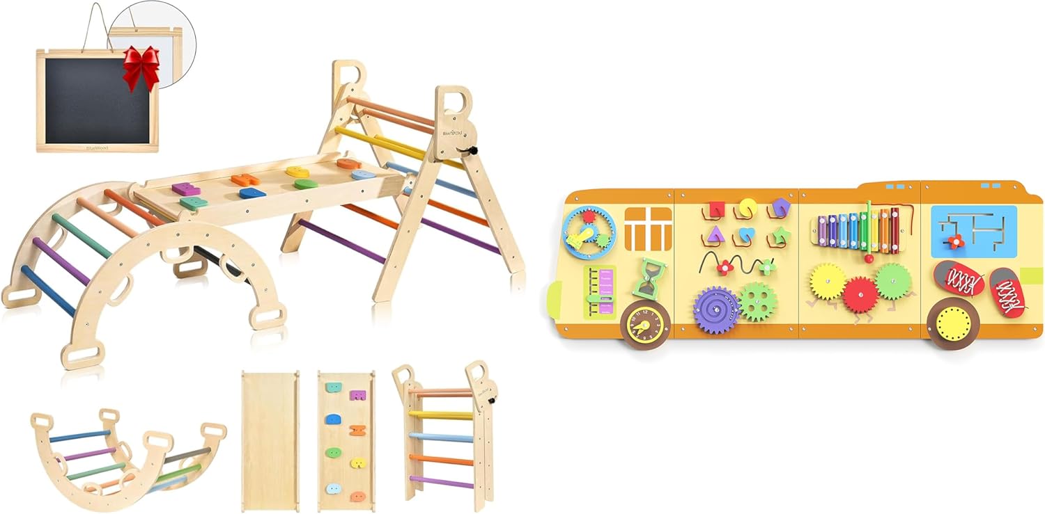 BlueWood Pikler Triangle Set, School Bus Wall Busy Board Panels