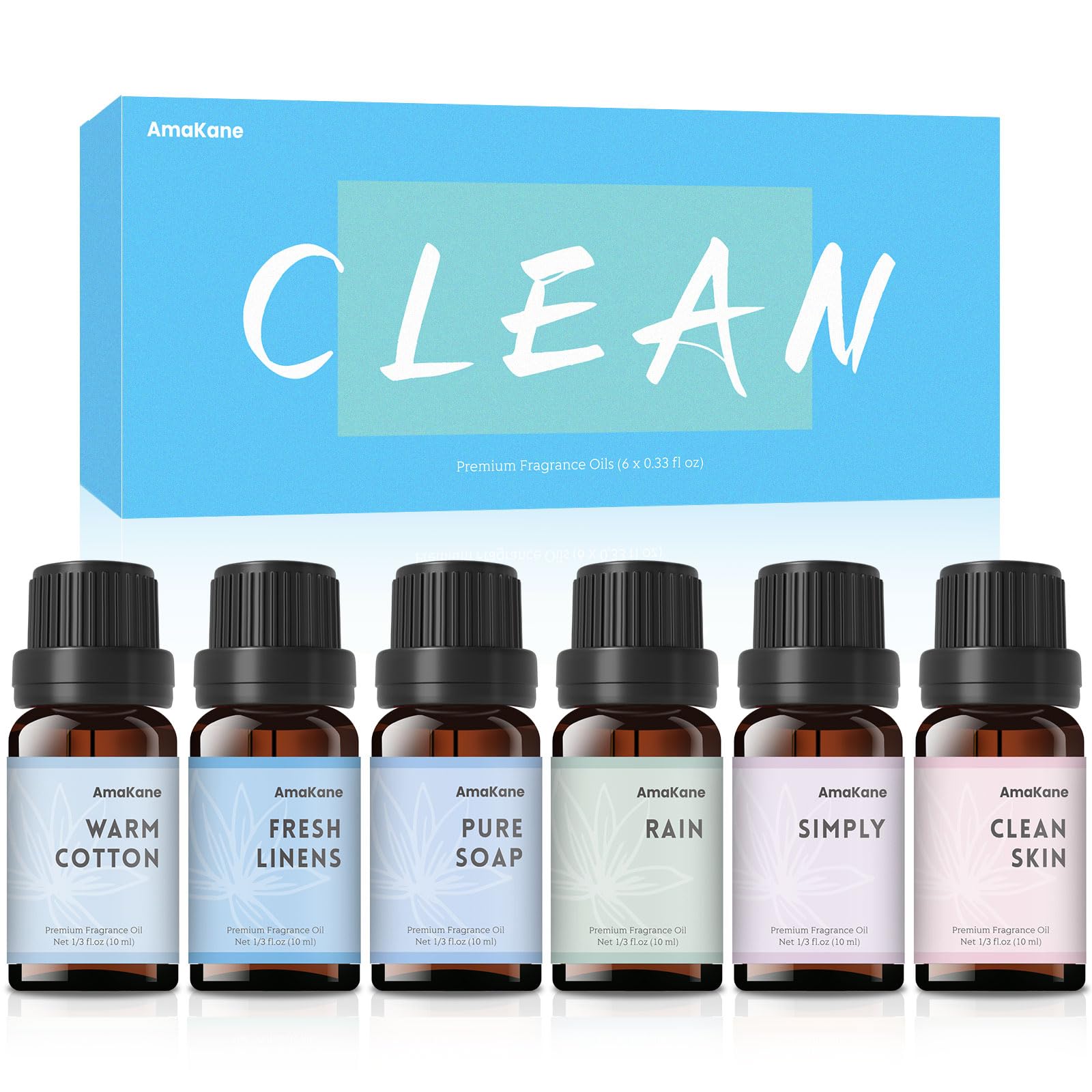AmaKane Fragrance Oils Clean Set, 6 Premium Soap Making Scents, Fragrance Oil for Candle Making, Essential Oils for Laundry, Fresh Linen, Clean Skin, Warm Cotton and More Aromatherapy Diffuser Oils