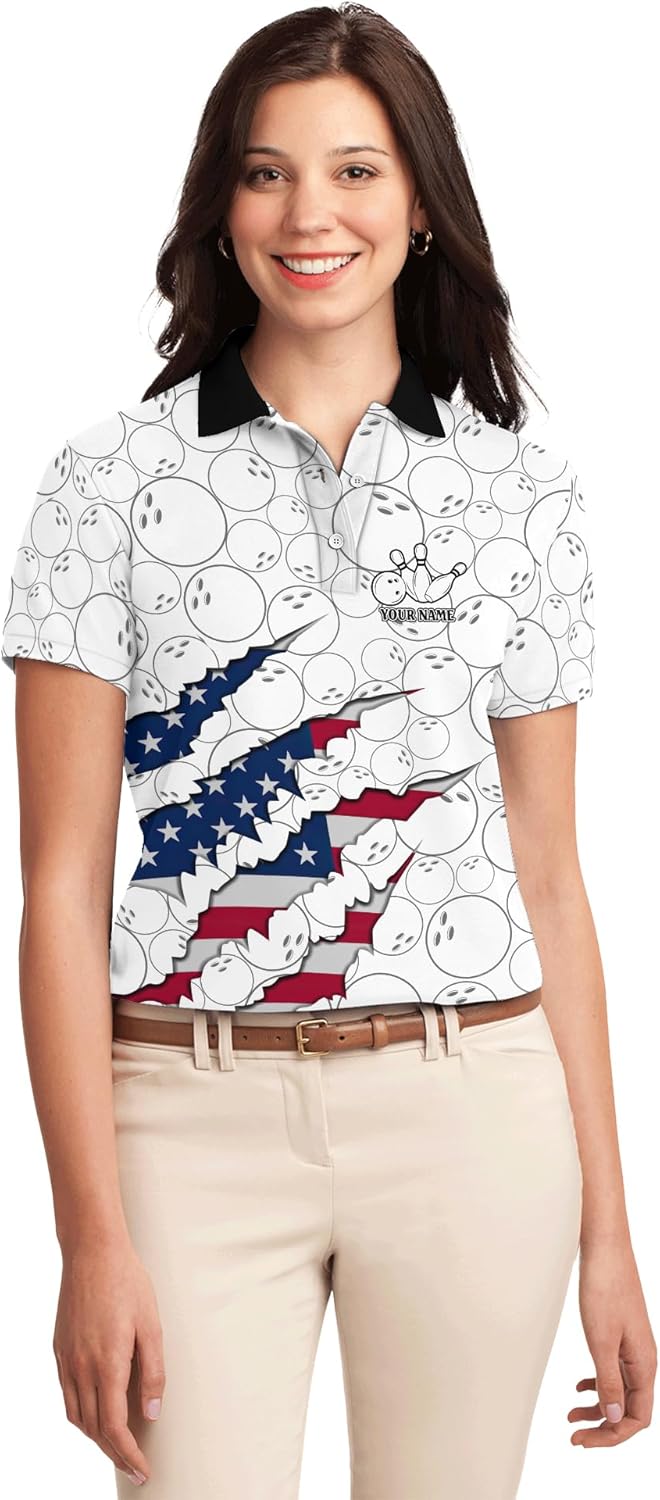Funny Bowling Golf Shirt Custom American Flag Claws Collared Shirt for Men Printed Bowling Lover Clothing