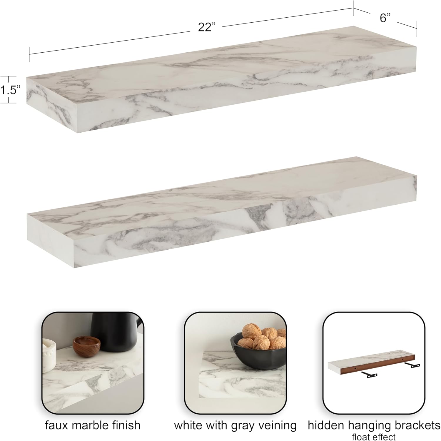 Kate and Laurel Havlock Modern Faux Marble Floating Shelves, Set of 2, 22 x 6, White, Transitional Functional Bathroom and Kitchen Shelves for Storage and Display