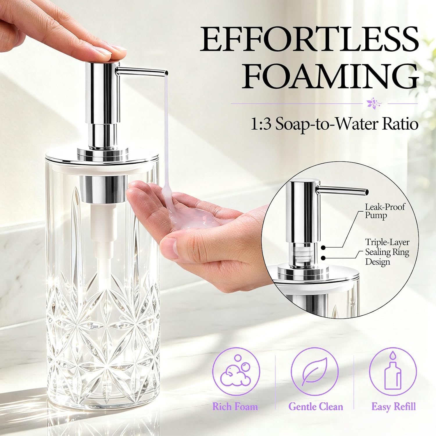 5-Piece Bathroom Accessories Set, Glass Soap Dispenser & Vanity Containers with Acrylic Toothbrush Holder and Tray