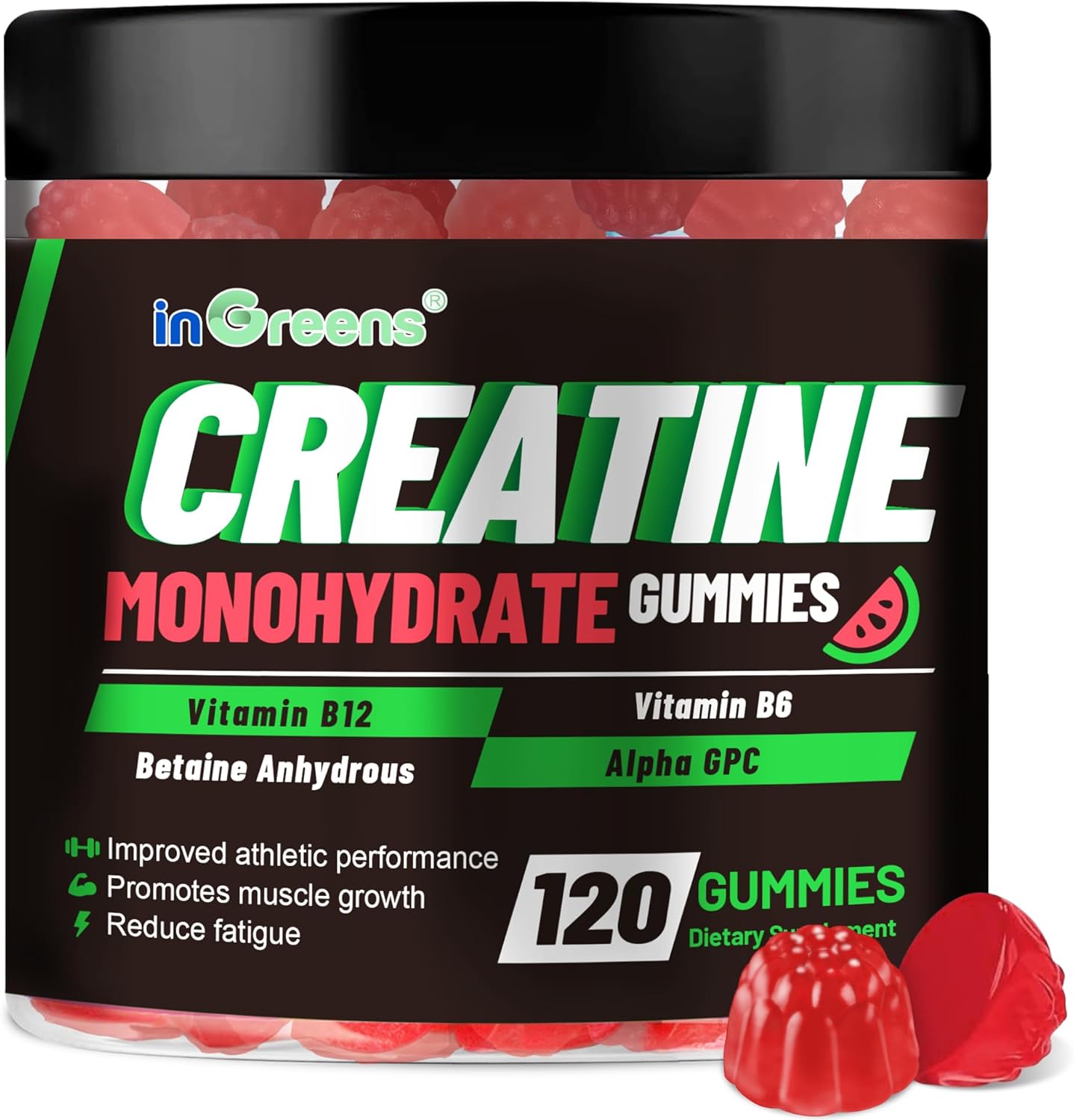 inGreens Creatine Monohydrate Gummies 6g for Men & Women, Sugar-Free Creatine Chewables with Betaine, Alpha GPC, Vitamin B6 & B12, Natural Berry Flavor, Gluten-Free, 120 Count