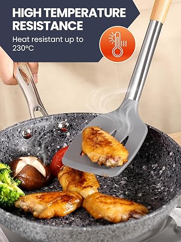 Miniatura 3 de Paquete de 2 espátulas de silicona para cocinar, espátulas ranuradas resistentes al calor con mango de madera, juego de utensilios de cocina