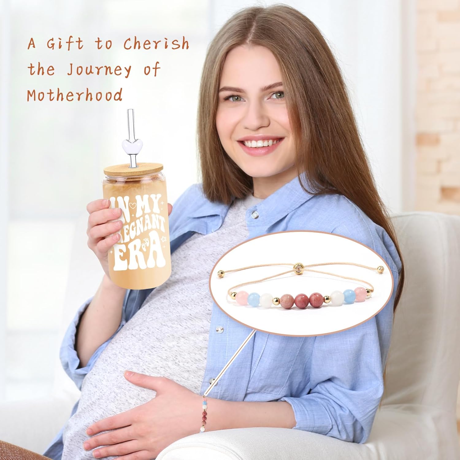 Pregnancy Gifts for Mom to Be – IN MY PREGNANT ERA 16oz Iced Coffee Glass with Lid and Hope Bracelet – Baby Shower or Pregnancy Announcement Keepsake Gift Set for First Time Moms - Image 2