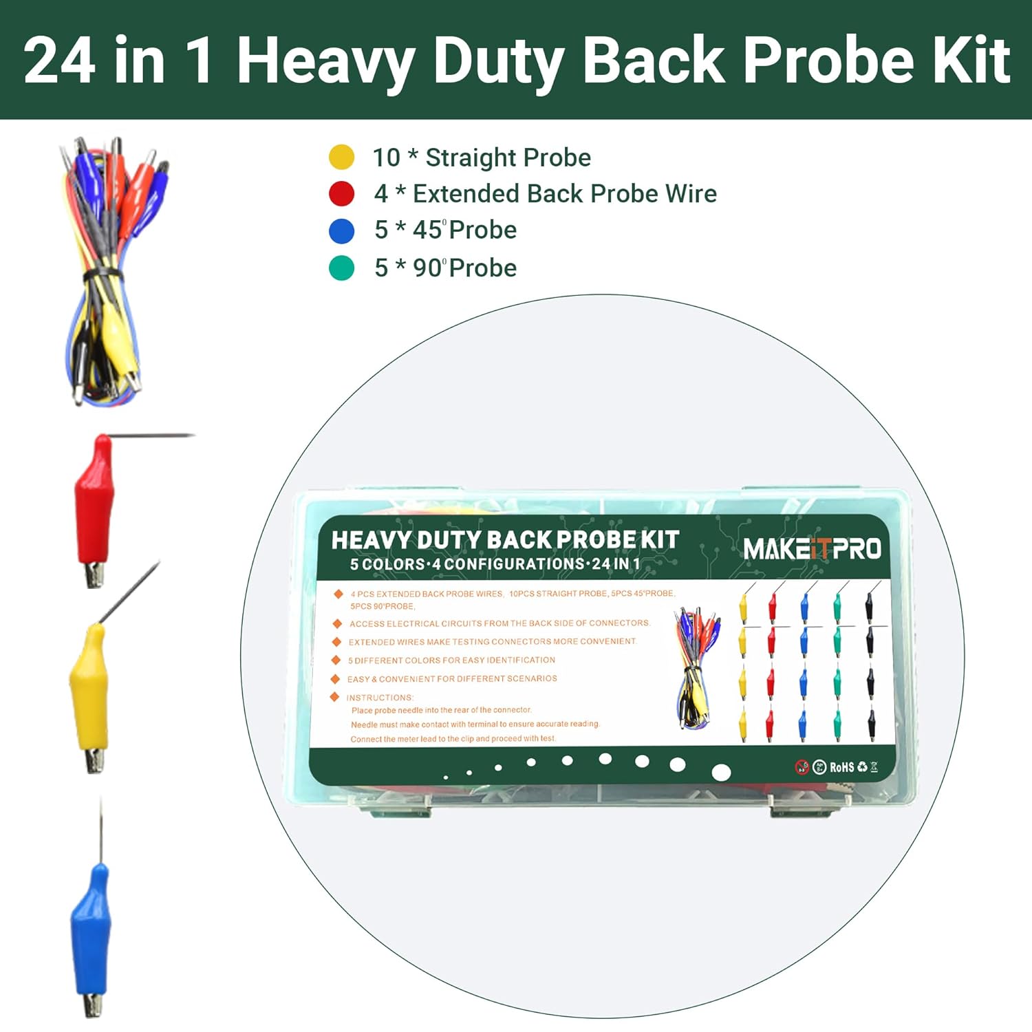 24 in 1 Heavy Duty Electrical Back Probe Kit | 4 PCS Extended Back Probe Wires | 20 PCS Alligator Clip to Back Probe Needle