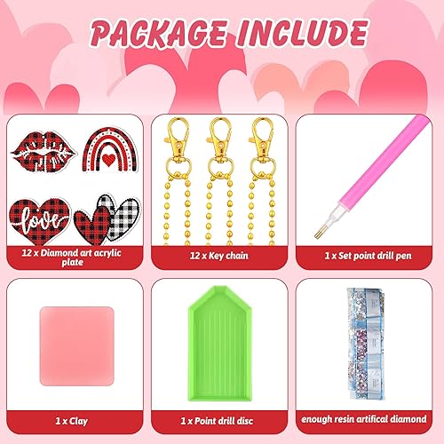 Miniatura 4 de Ferraycle 12 piezas de adornos de pintura de diamantes de San Valentín con herramientas, llavero de arte de diamantes de San Valentín, adornos