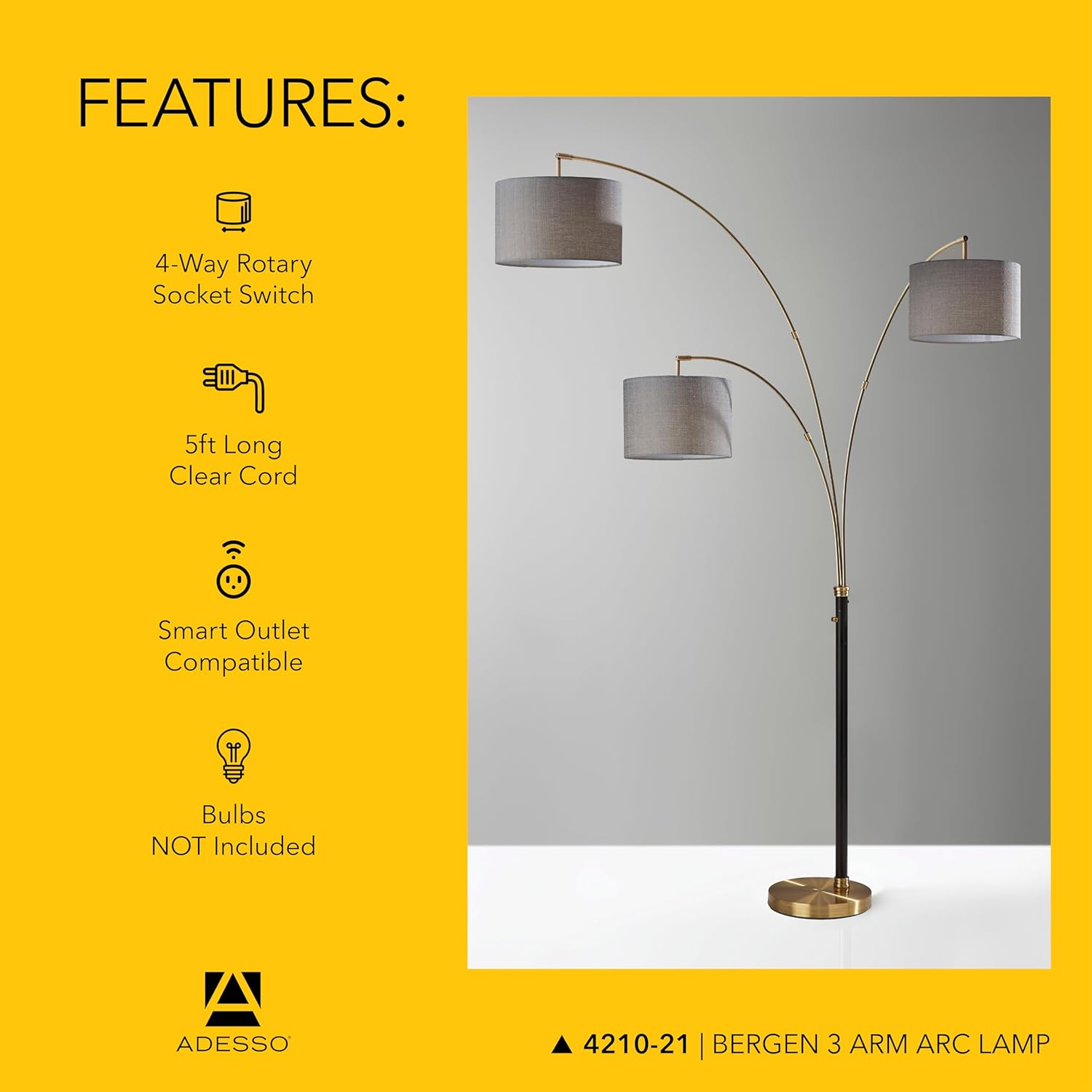 ADESSO 3-Arm Arc Floor Lamp with Black and Antique Brass Base, Grey Fabric Lampshade – 4-Way Adjustable Brightness, Bedroom, Home Office Lighting, or Living Room Decor, 82” x 52”