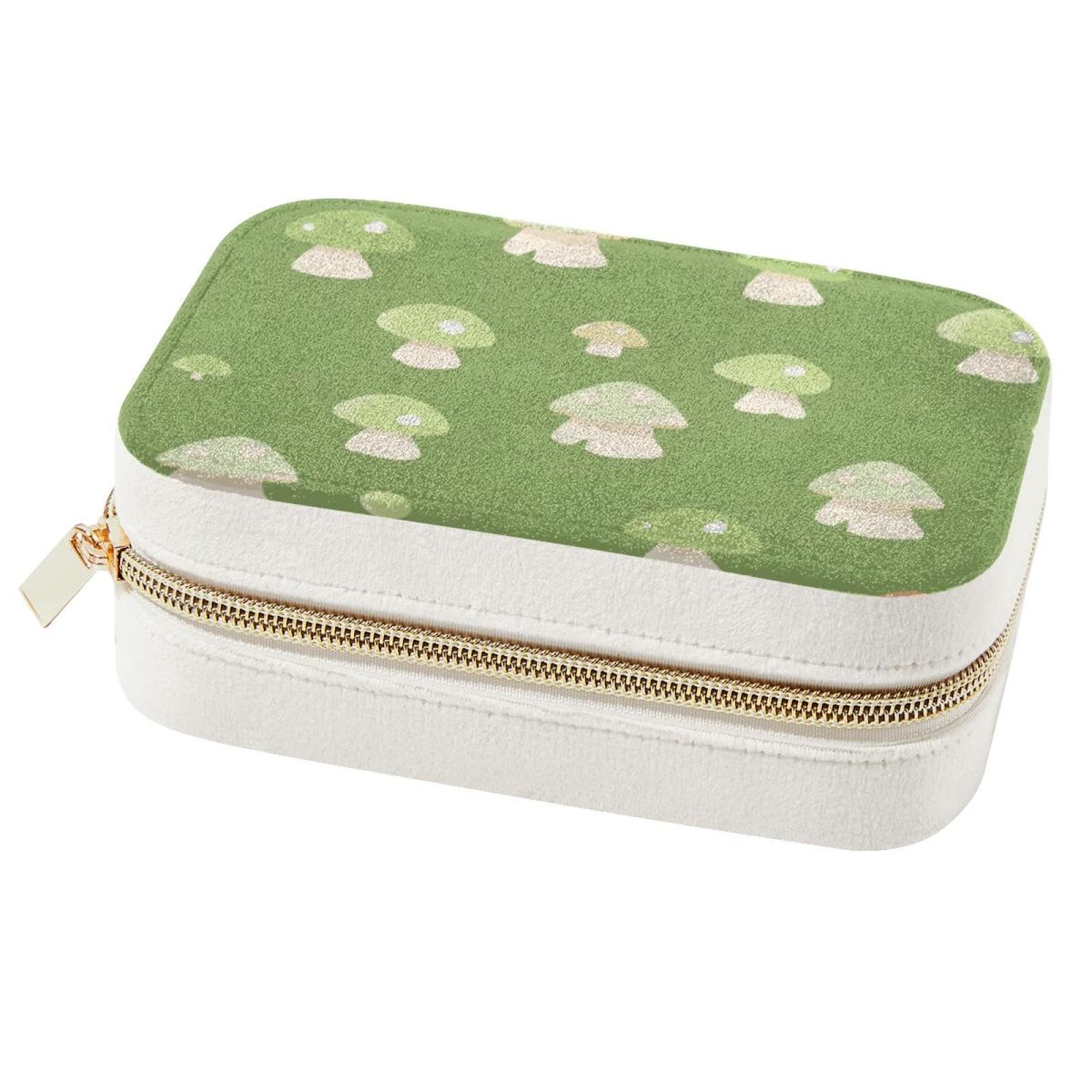 Boîte à bijoux verte à motif champignon - Organiseur de voyage spacieux pour femmes