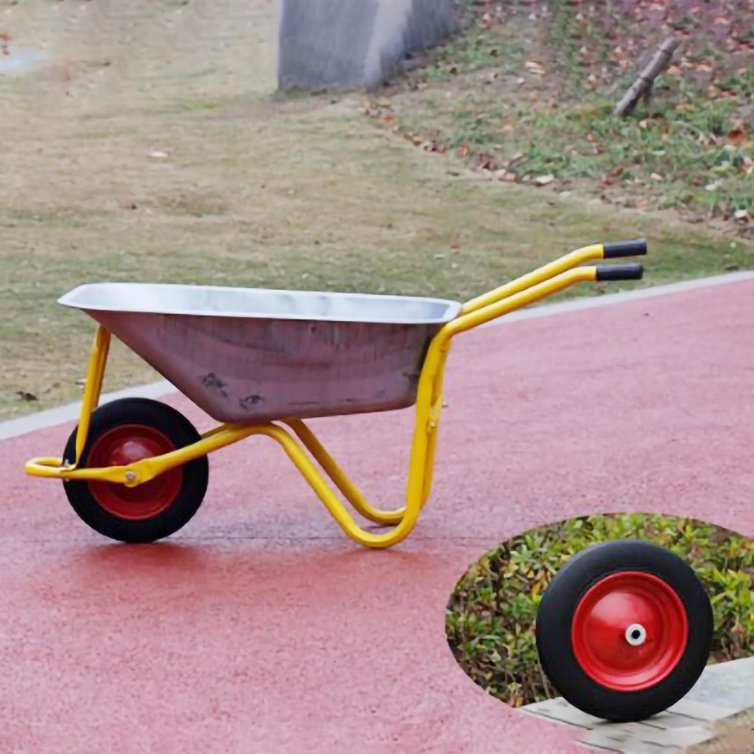 Amazon Co Jp 平らなタイヤ 建築業者の手押し車のトロリーの手押し車 建設現場 黄色 Color Yellow Size Solid Wheel ホーム キッチン